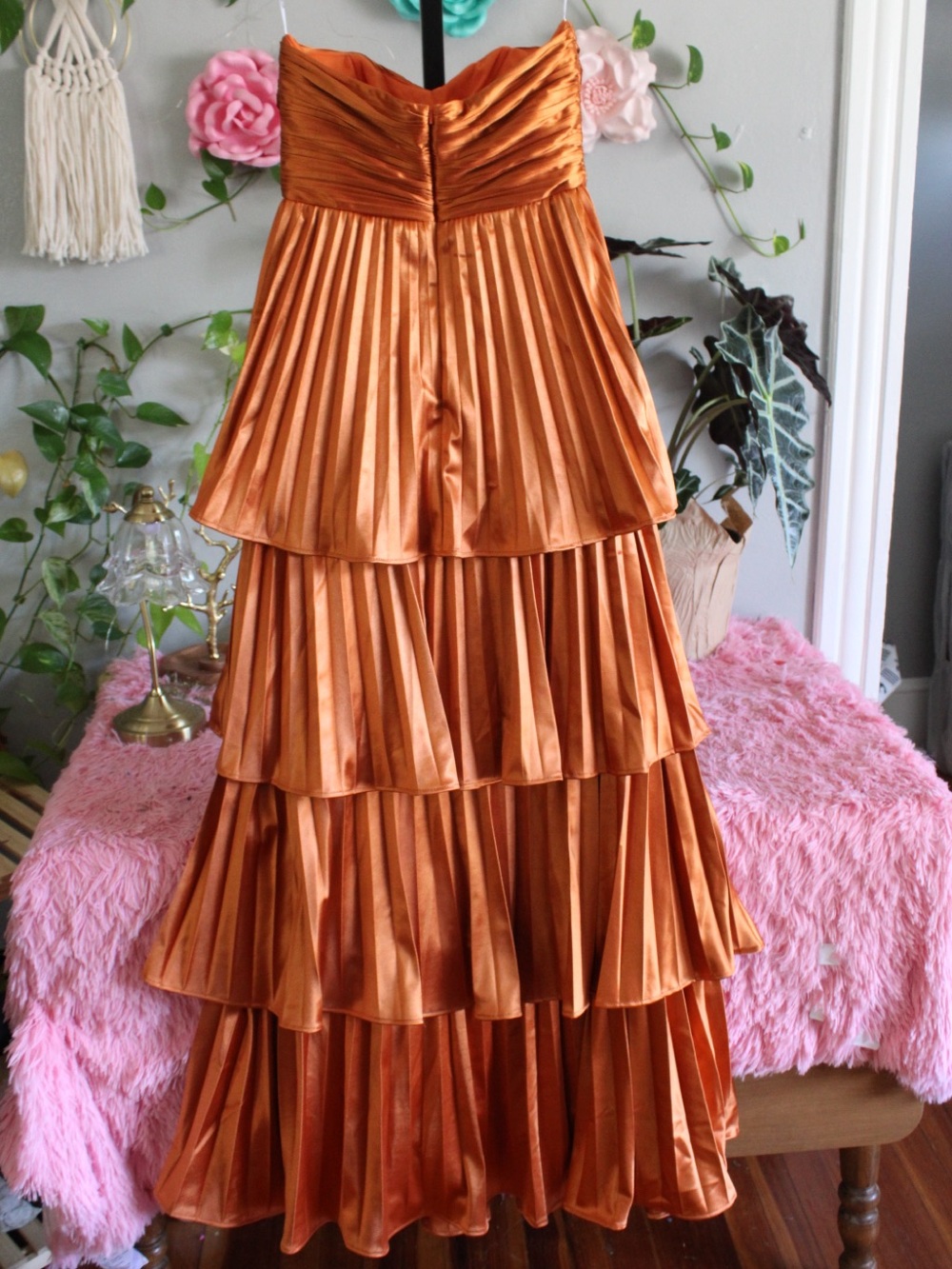 Strapless Tiered Satin Evening Gown in Copper - Picture 5 of 9